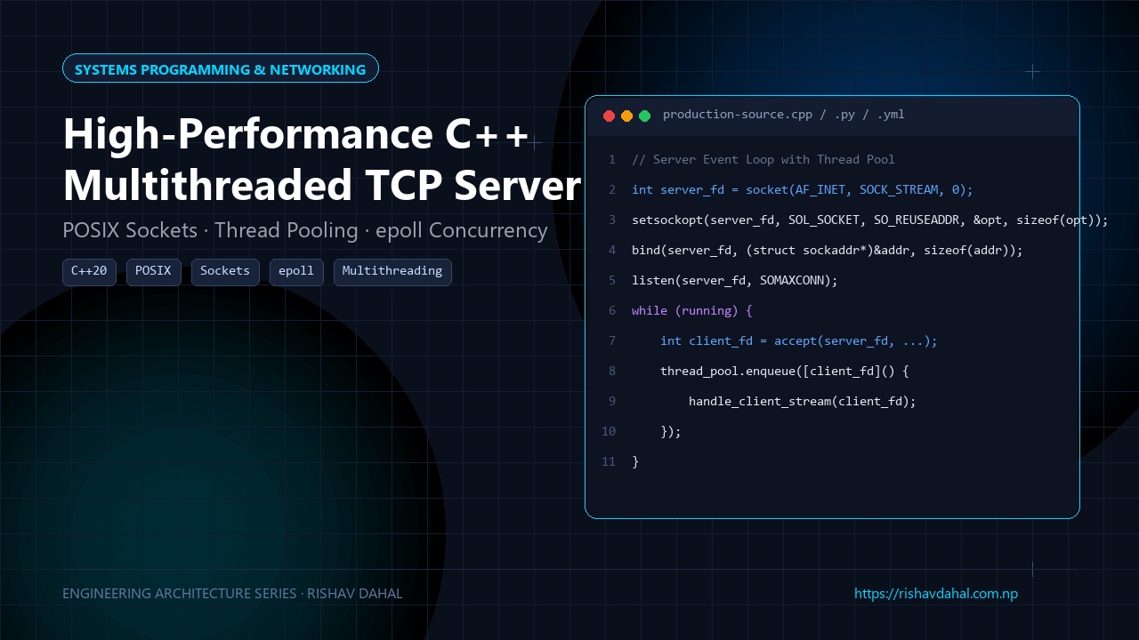 Futuristic technical illustration of multithreaded C++ socket programming with worker threads and packet streams