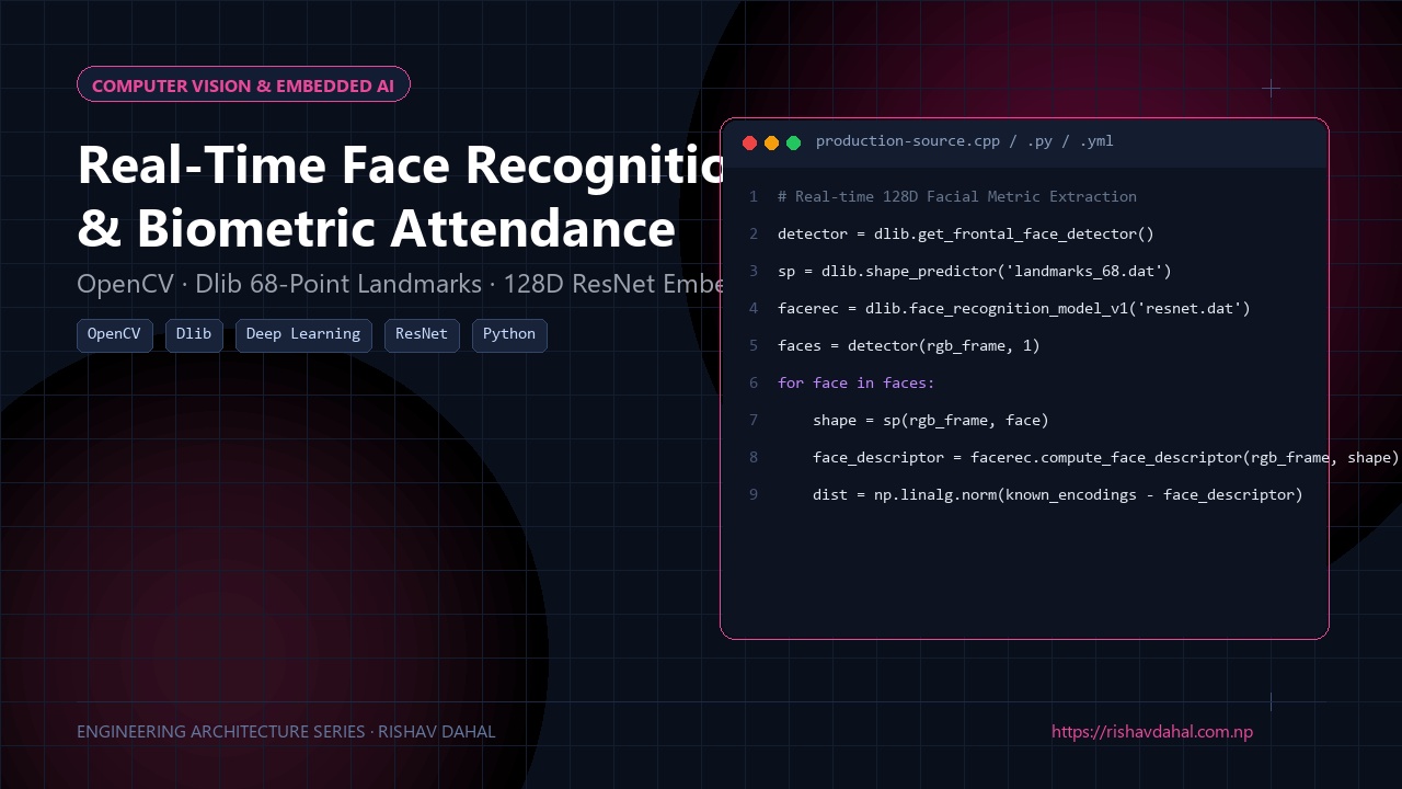 Real-time face recognition and biometric attendance pipeline with OpenCV and Dlib