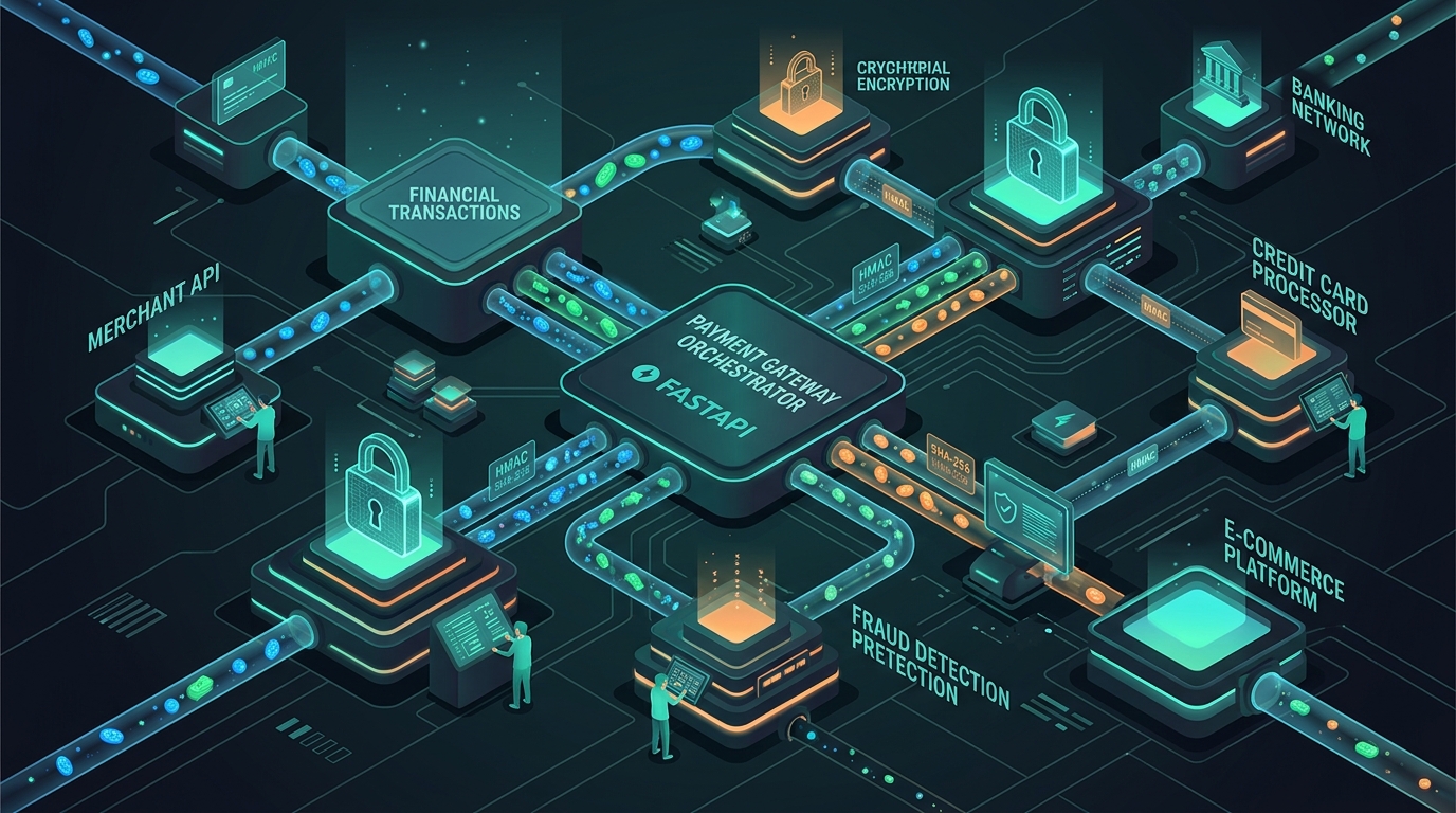 High-tech 3D isometric architecture of a digital payment gateway orchestrator with FastAPI
