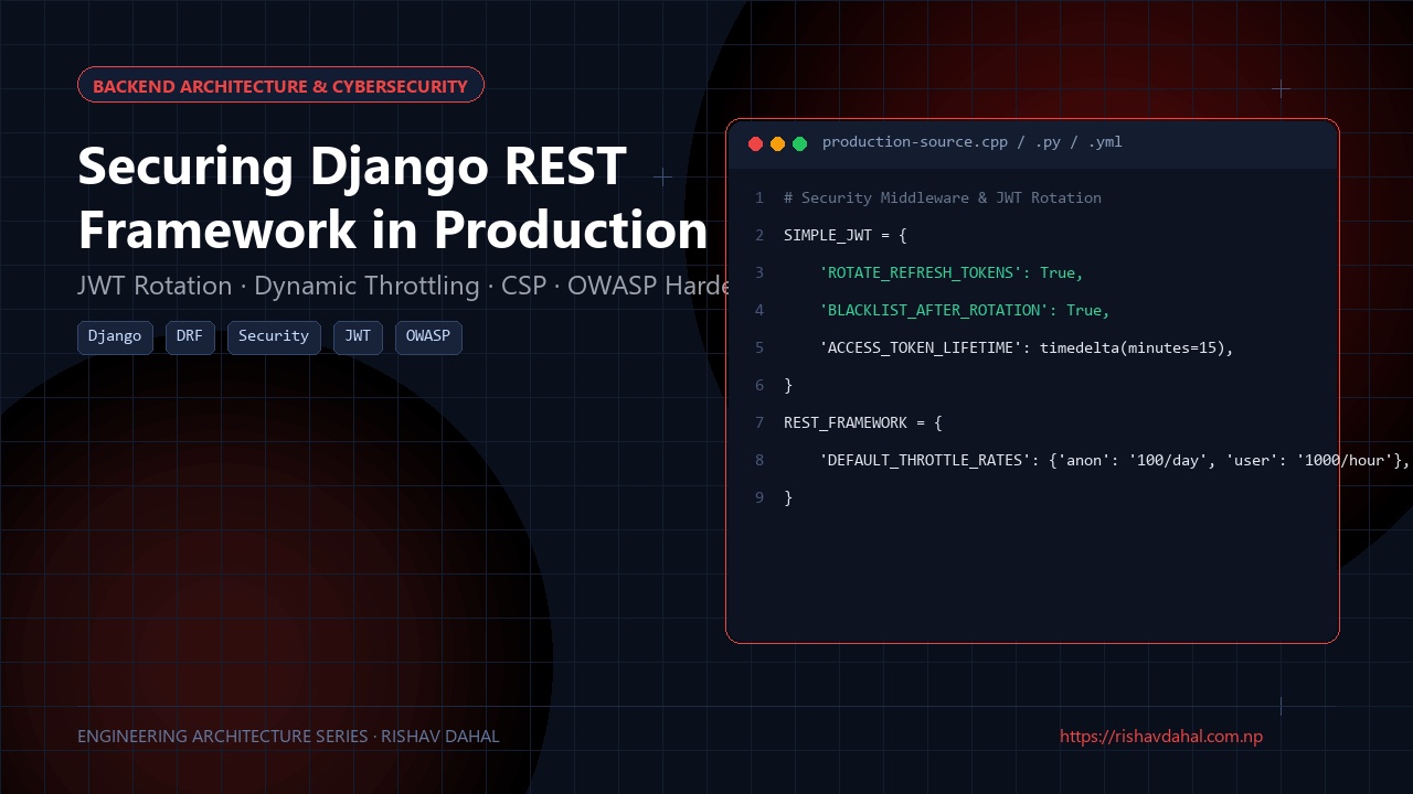 Cybersecurity architecture for Django REST Framework with Redis rate limiting and JWT rotation